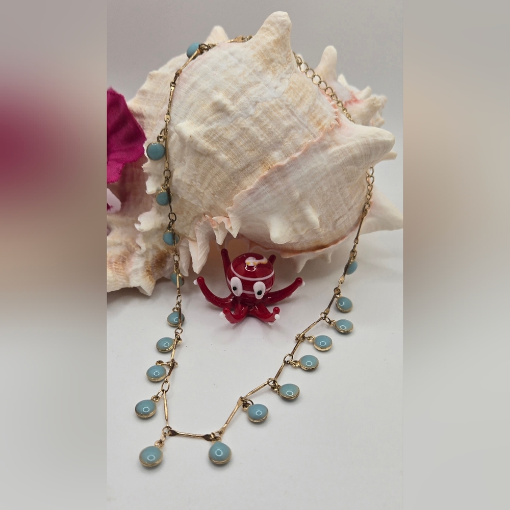 🪀 Girl Necklace Gold Tone w/Blue Enamel Dangle Accents Measures 11" + 2.5" Ext